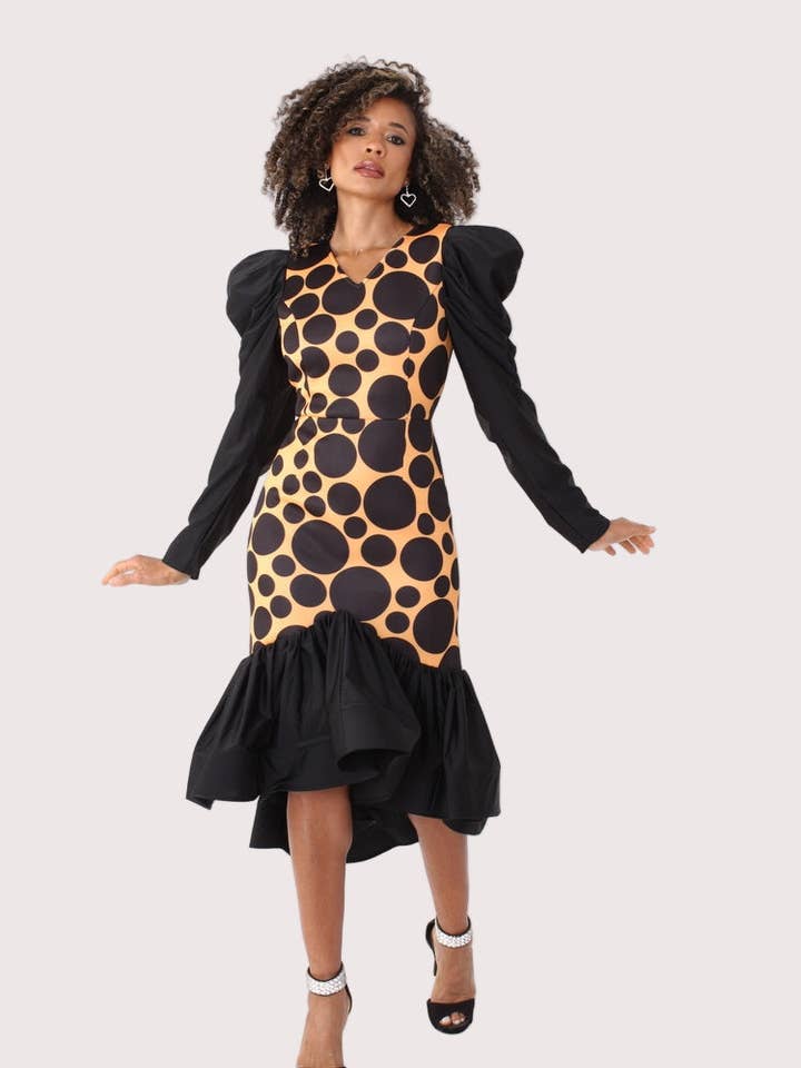 Polka Dot Dress with Puff Sleeves -82139 for wholesale by For Her NYC