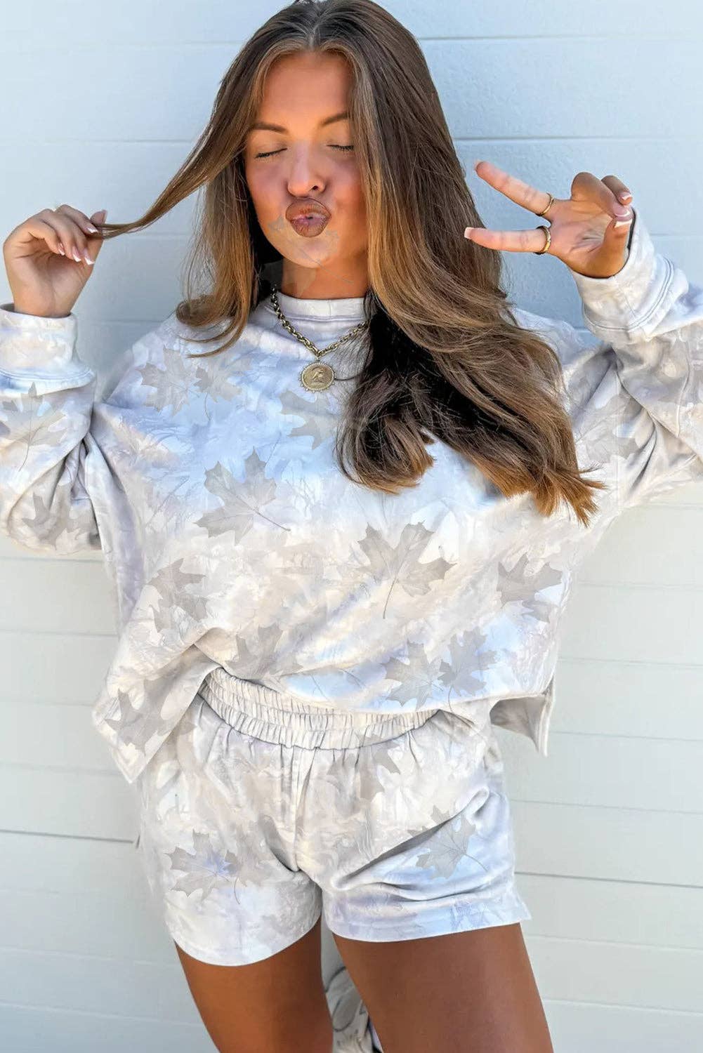 Beige Camo Print Lounge Pullover and Elastic Waist Short Set for wholesale on Faire2