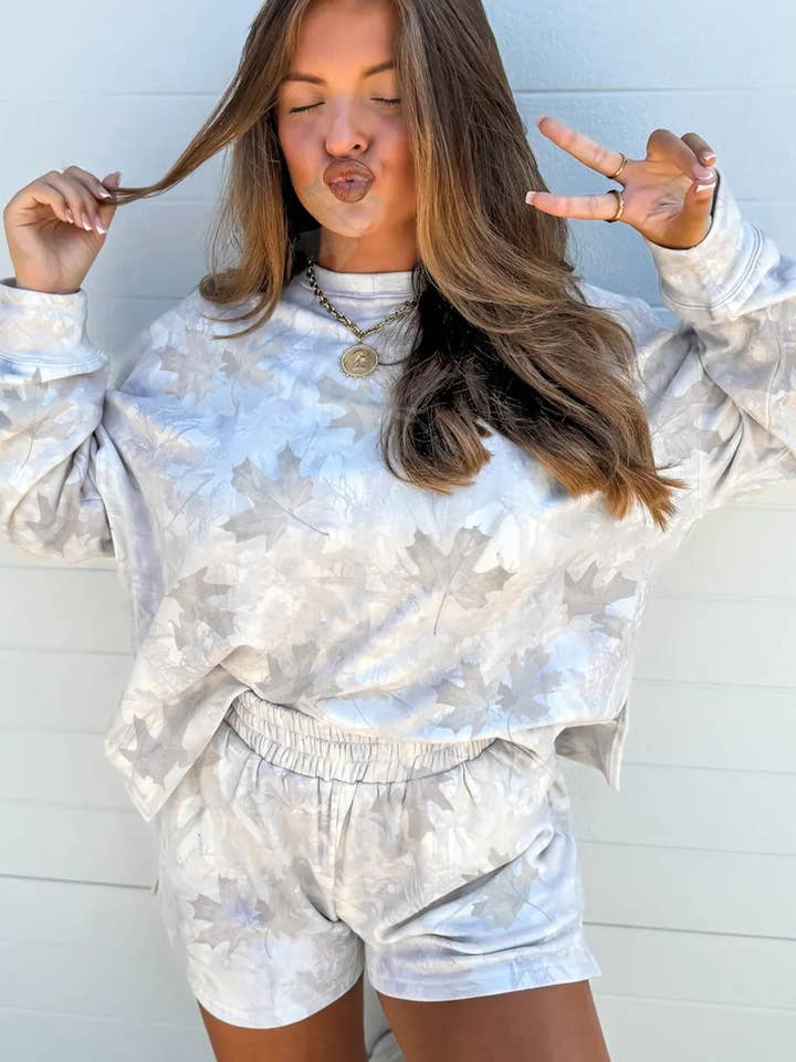 Beige Camo Print Lounge Pullover and Elastic Waist Short Set for wholesale on Faire2