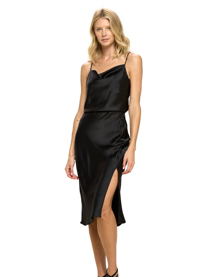 Made in USA - Solid Satin Midi Skirt with Slit for wholesale by LKLUV