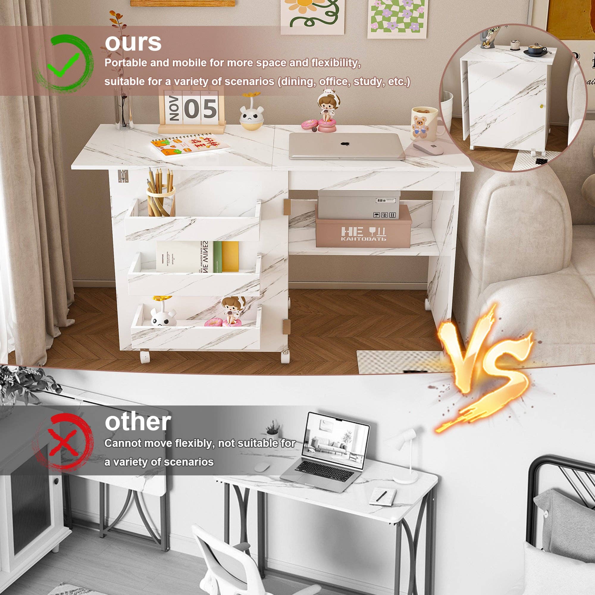 39F Inc. - Wholesale Craft Supplies - 4-in-1 Folding Sewing Table w/Lockable Wheels (White MDF)11