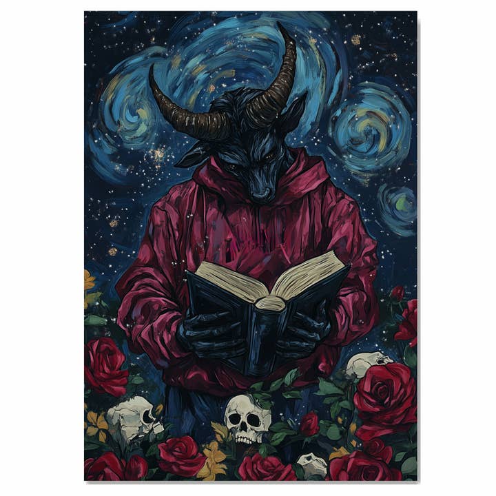 Devil Figure Reading Book Canvas Wall Art with Roses & Skull for wholesale by Art Paradise Studios