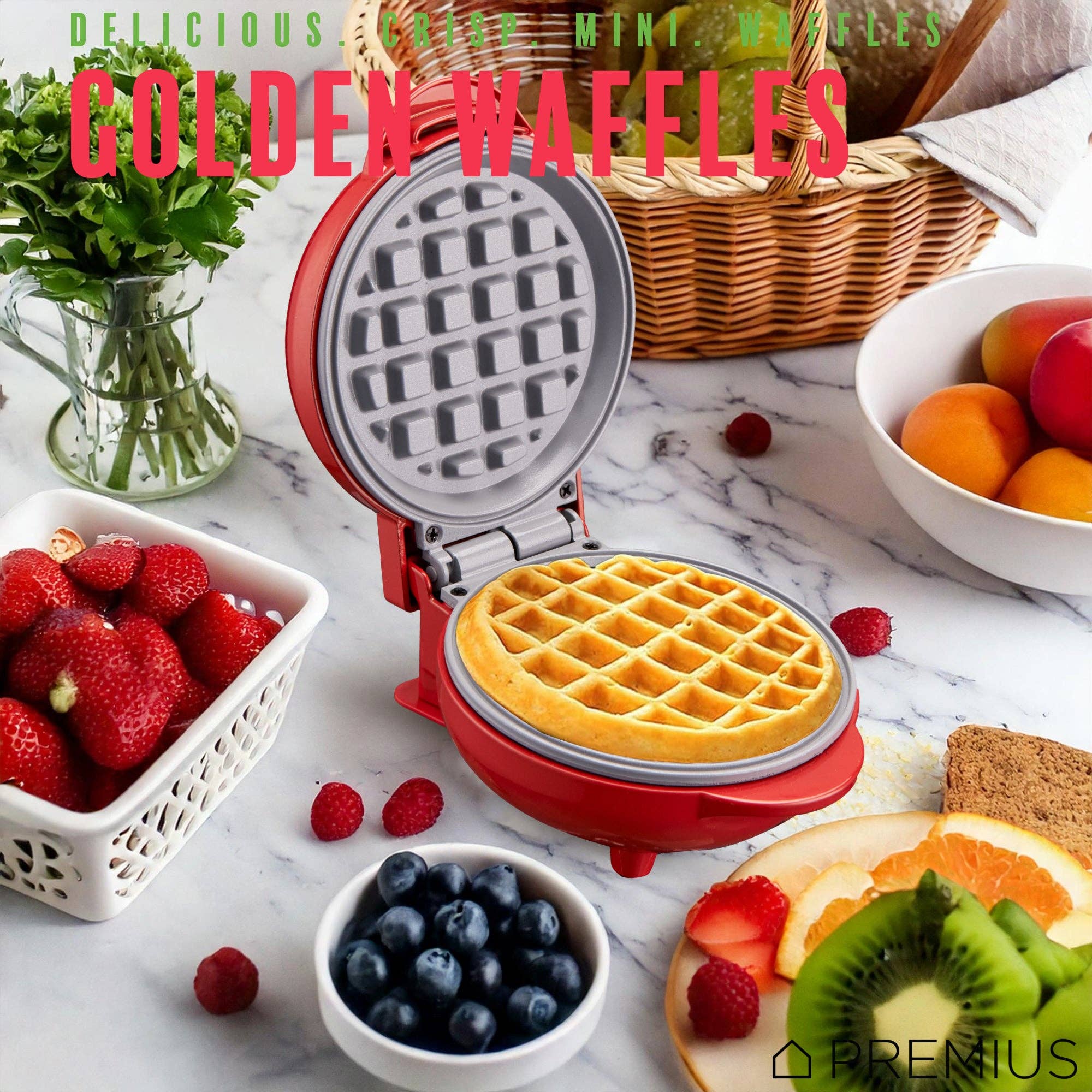ShopBobbys - Wholesale Kitchen Appliance - PREMIUS Ceramic Non-Stick Mini Snack Waffle Maker, 4 Inch Mold13
