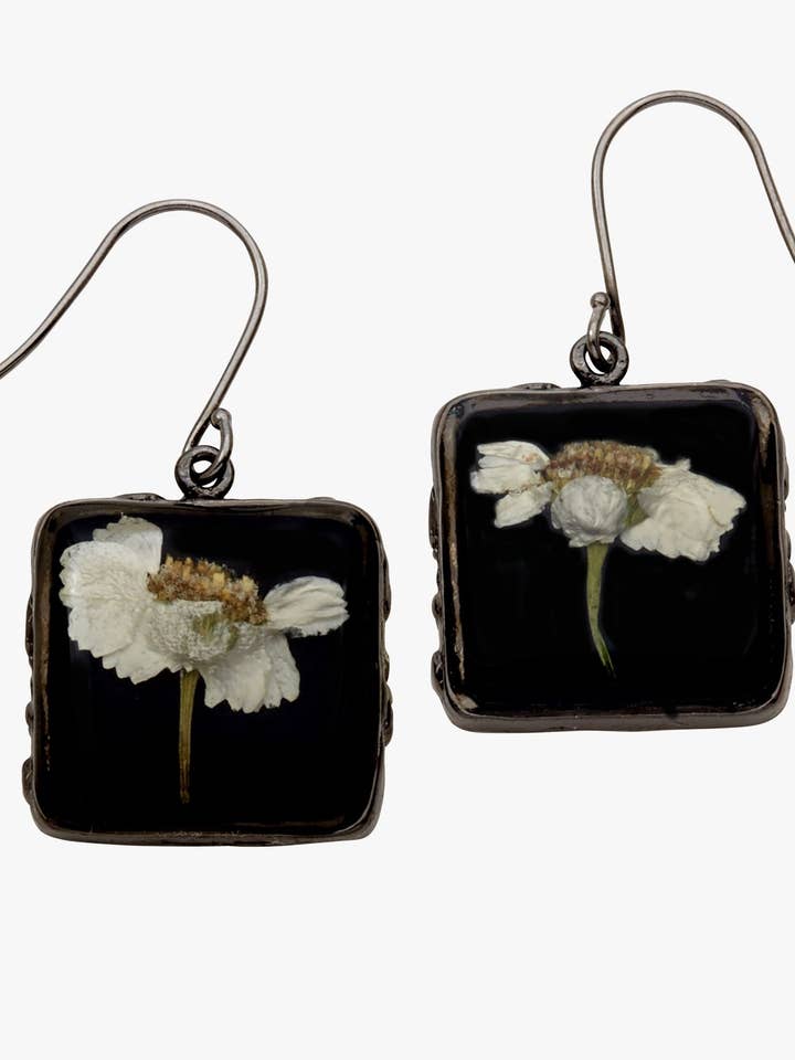 White Achillea on Black Square Earrings for wholesale by Shari Dixon