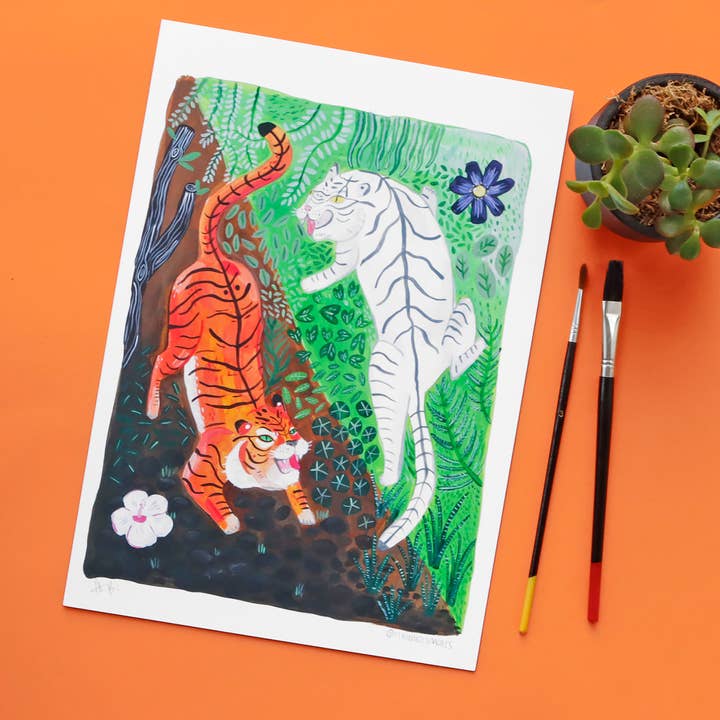 Yin and Yang inspired Playful Tigers hand painted Art Print for wholesale by Fernandes Makes
