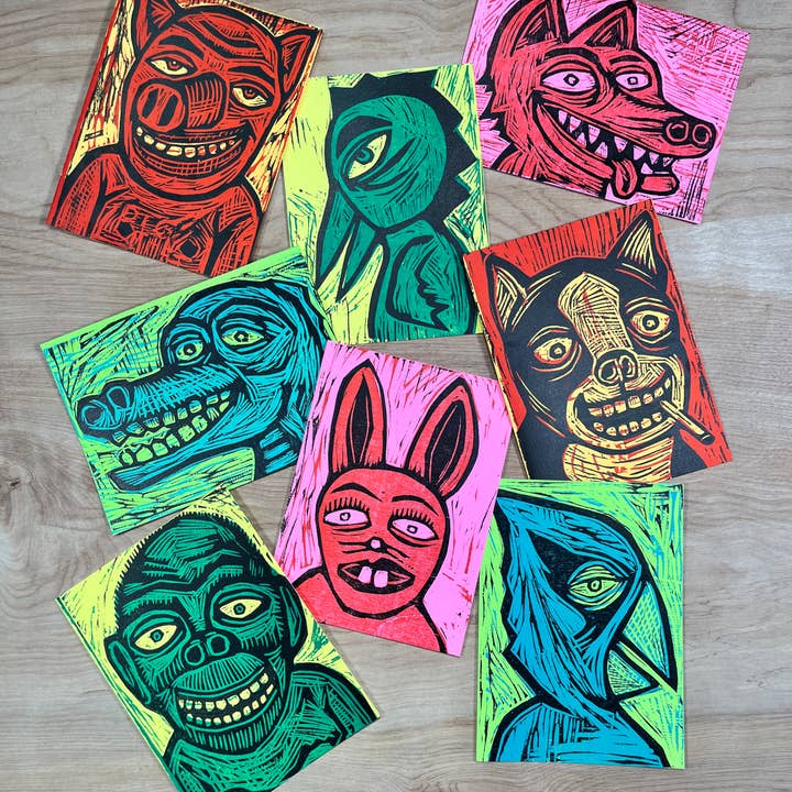 32 Cards Woodcut Animal Letterpress Singles for wholesale by Pioneer House (formerly Yee-Haw)