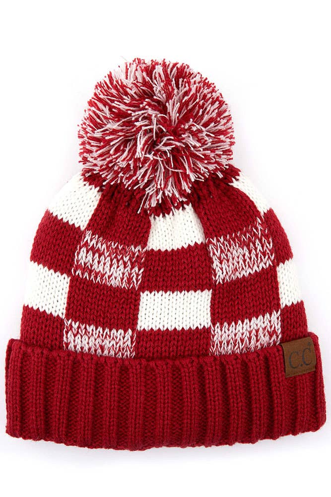 Hana - Wholesale Beanie - Women's - C.C Buffalo Check Team Color Beanie with Pom Winter Beanie1