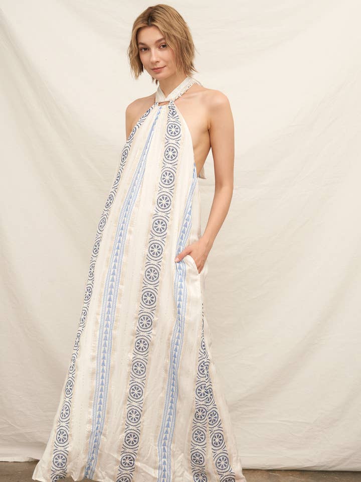 Robe Maxi à Col Halter Brodée Détail Lurex pour la vente par En Crème