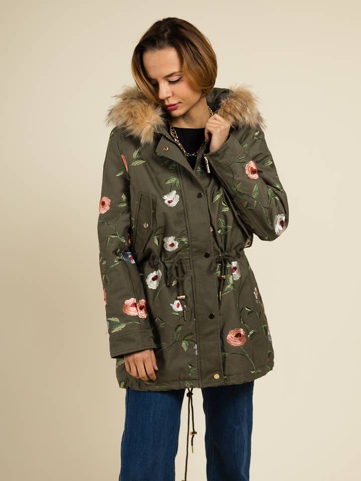 Khaki coat embroidered with flowers with a beige fur hood for wholesale by You Udress