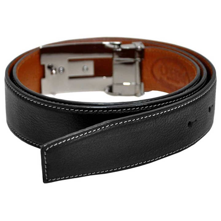 Tan OHM New York Grained Soft Leather Perimeter Stitched Handmade Reversible Belts Tan/Black for wholesale on Faire