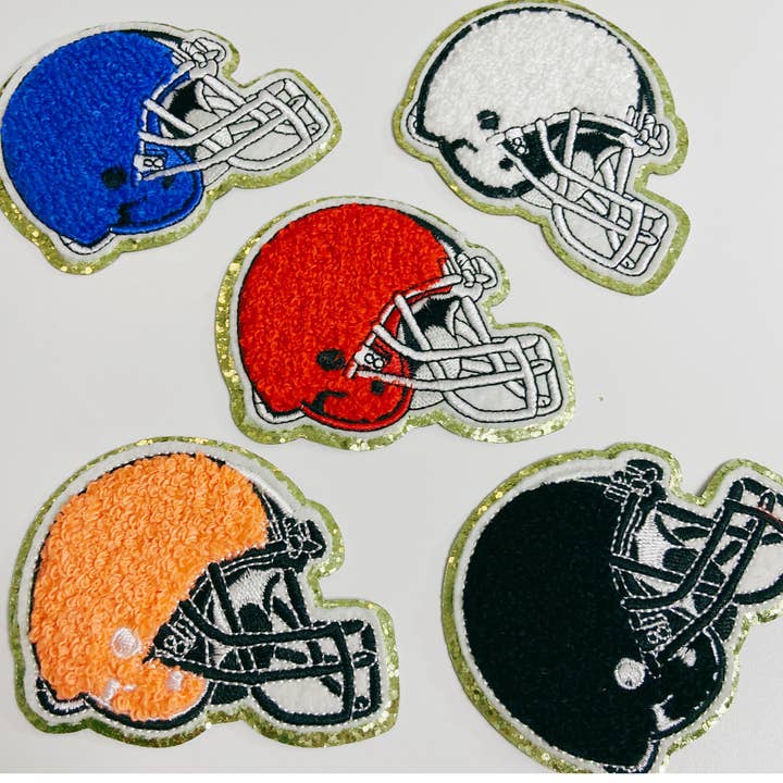 3" x 2.5" Football Helmet chenille hat patch - in Red, Blue, Black, White, Dark Green, Gold & Orange for wholesale by TEELUX