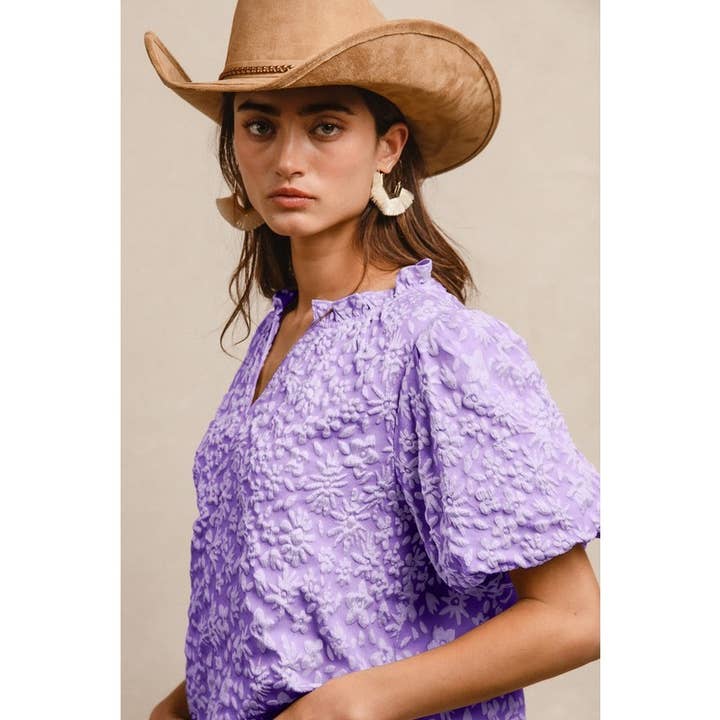 IVE - Wholesale Knit Top - Women's - FLORAL PATTERN TEXTURE SHORT BALLOON SLEEVES TOP2