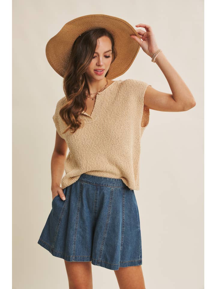 in february - Wholesale Knit Sweater - Women's - RELAXED FIT SLUB KNIT SWEATER TOP WITH SPLIT NECK31