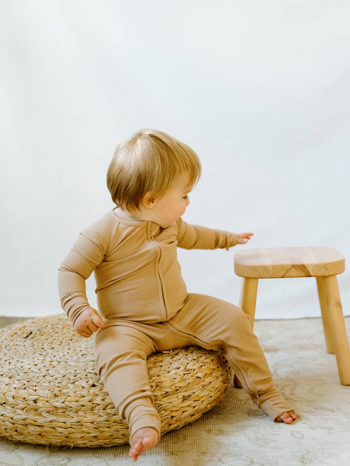 Sleeper with Fold-over Cuffs-Toffee for wholesale by Peaks & Valleys Baby