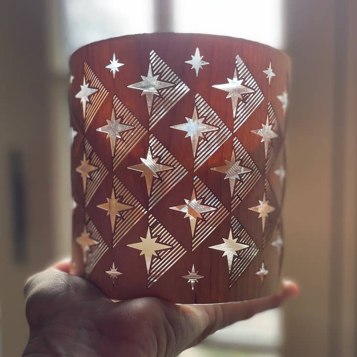 A Modern holiday candle holder. A Wood and Glass lantern for wholesale by LanternCozies