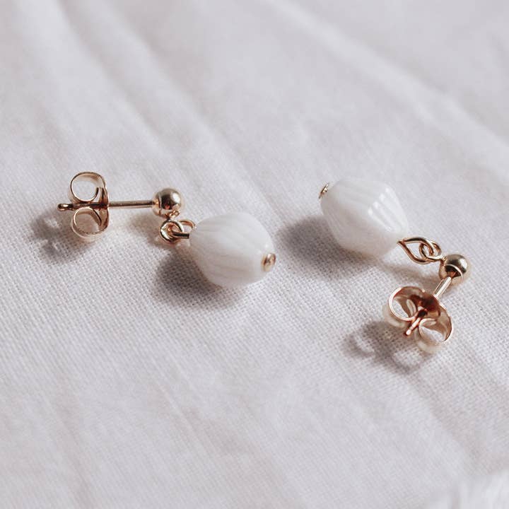 Mini Drop Earrings in Fluted White Vintage Beads for wholesale by Eden Rae