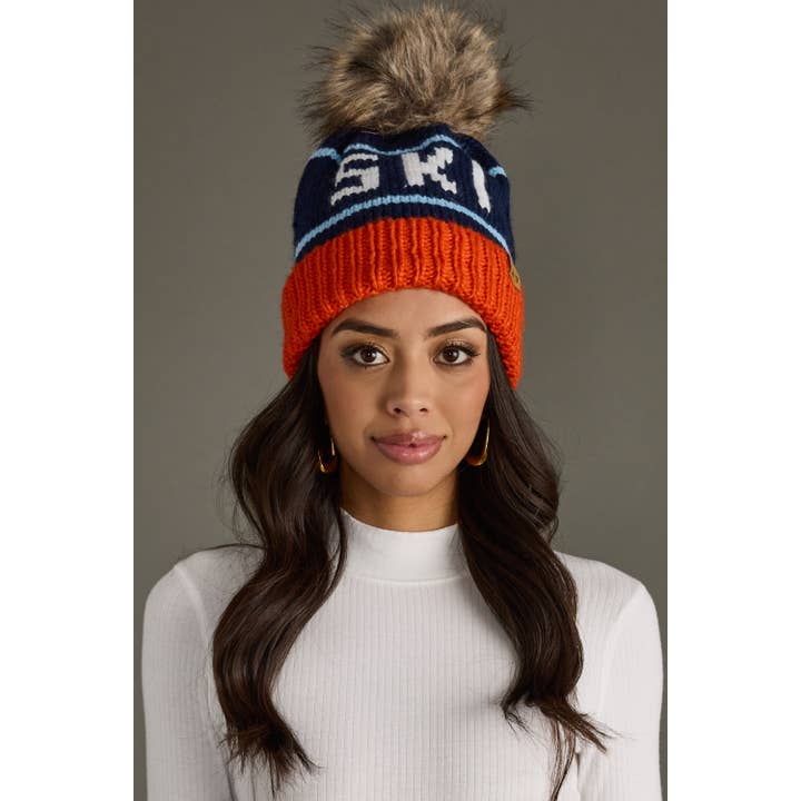 Panache Apparel Co. - Wholesale Beanie - Women's - Orange, Navy & Lt. Blue Ski Pom Hat1