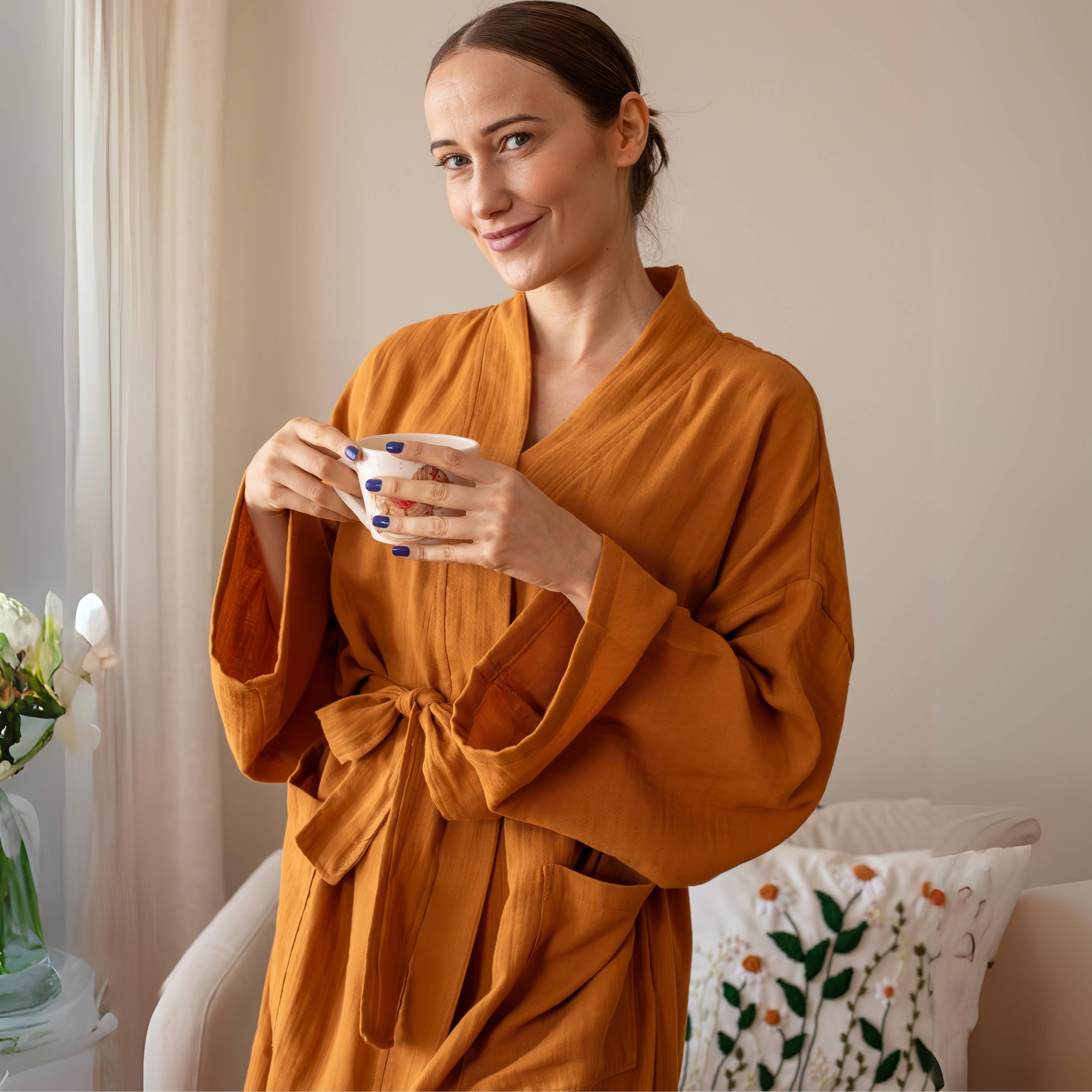 Vivamaison – Großhandel Bademantel – Unisex – Luxuriöser 2-lagiger Musselin-Bademantel aus natürlicher Baumwolle für Spa-Komfort7