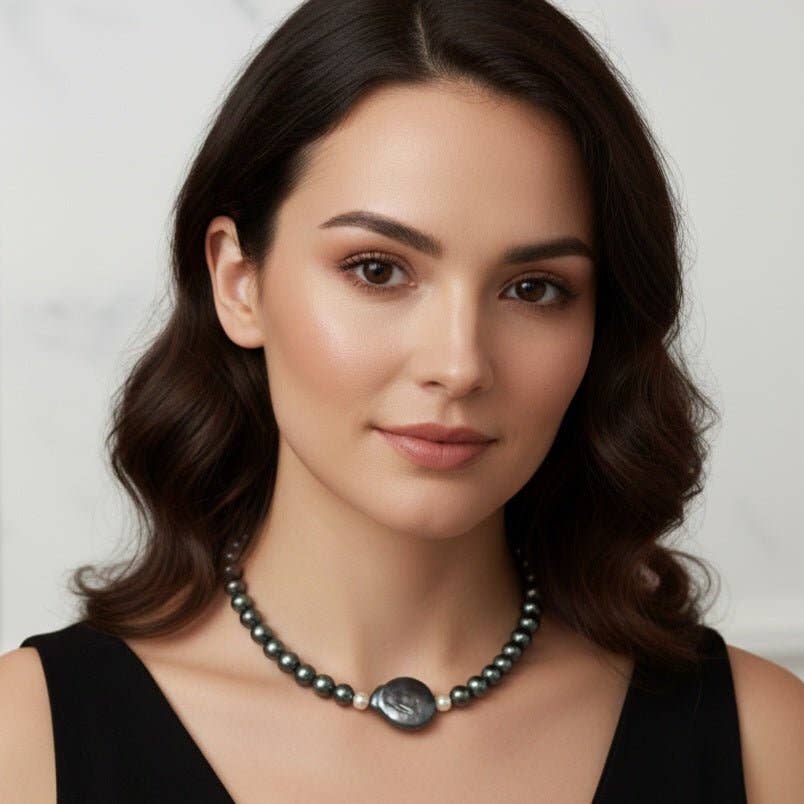 OE! - Wholesale Beaded/Pearl Necklace - PEARL SMOKE - Necklace with river pearls and central gray baroque pearl3