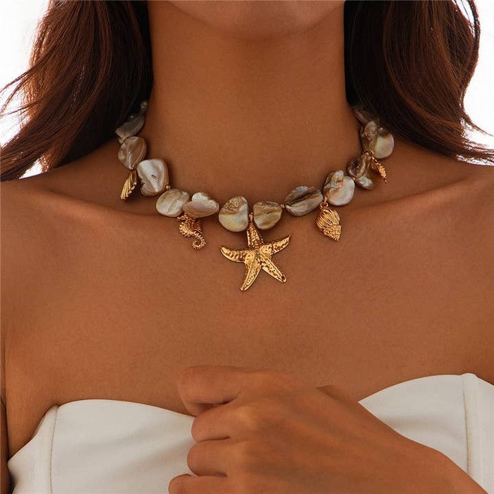 Plush Looks - Wholesale Pendant/Charm Necklace - Stylish Seashell Necklace With Starfish Detail