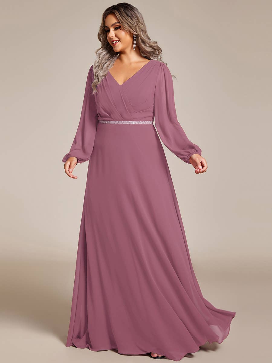 Ever-Pretty - Wholesale Gown - Women's - Elegant waisted chiffon V-neck Long Sleeve guest Dress55
