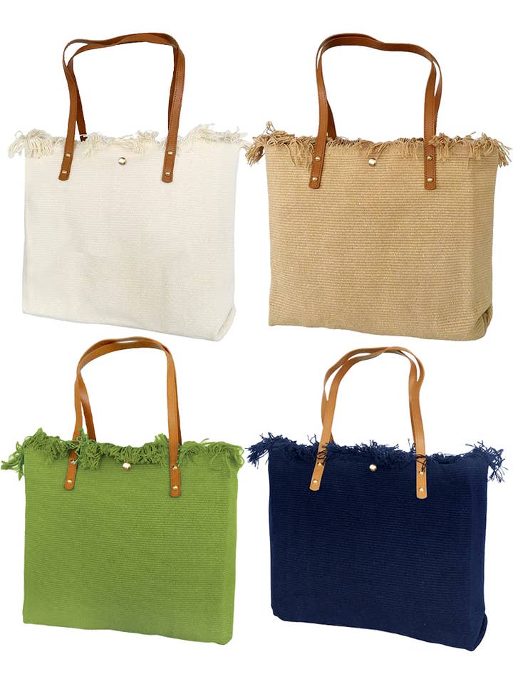 Simplistic Fray Trim Braided Woven Beach Tote for wholesale by Cap Zone