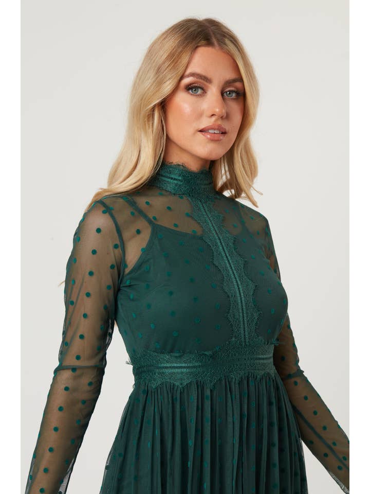 Roman Lola Polka Dot Tulle Midi Dress in Green for wholesale on Faire5