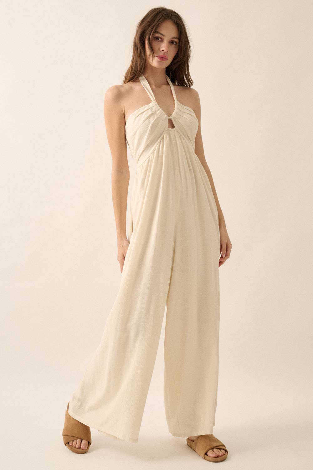 Promesa USA – Macacão - Mulher por atacado – Macacão de Perna Larga com Decote Halter em Mistura de Algodão Sólido3