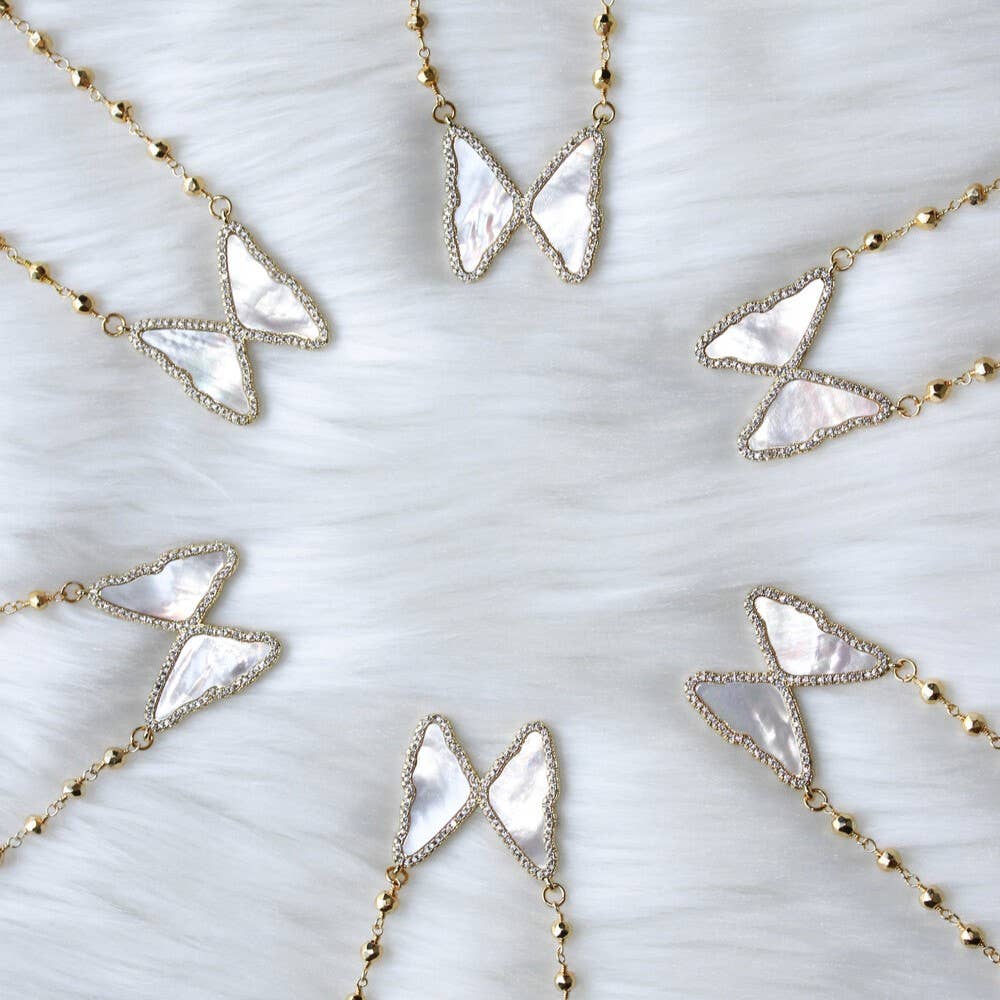 Beaded by Meg - Wholesale Pendant/Charm Necklace - Cloud Nine- Gold Beaded Mother of Pearl Butterfly Necklace1