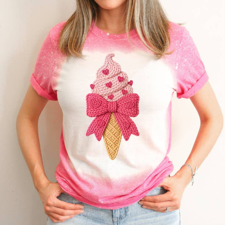 Ice Cream With Pink Bow Bleached Valentines Day Tee for wholesale by Hello Gorgeous Apparel