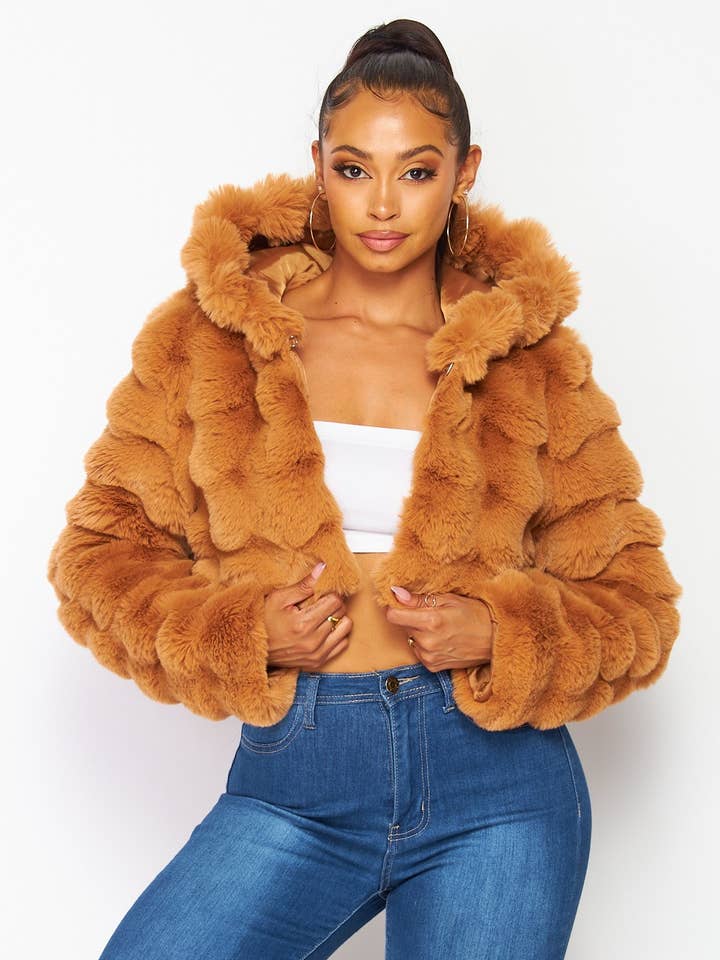 TAUPE Aria Soft Plush Faux Fur Hooded Crop Jacket (HDJ30768) for wholesale on Faire