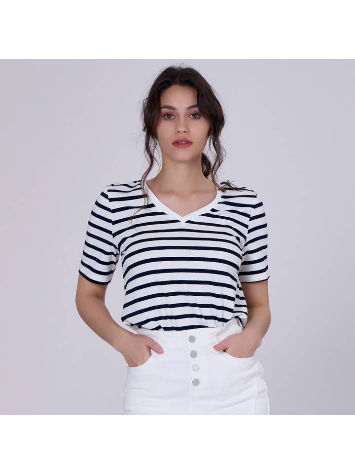 Smart and Joy - Wholesale T-Shirt - Women's - V-neck cotton sailor t-shirt