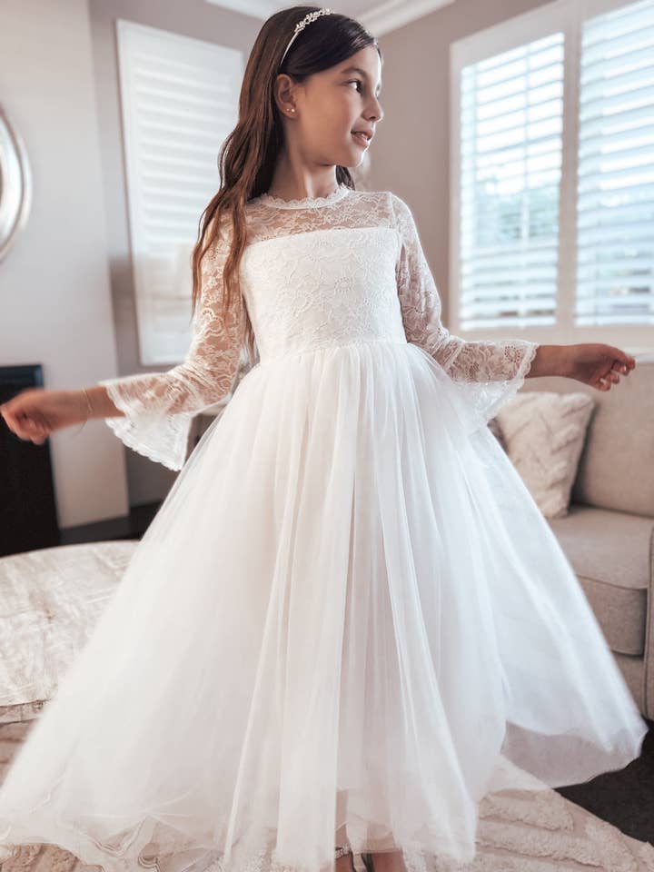 A Little Lacey - Wholesale Dress - Kids - Melody Long Sleeve Girls White Dress