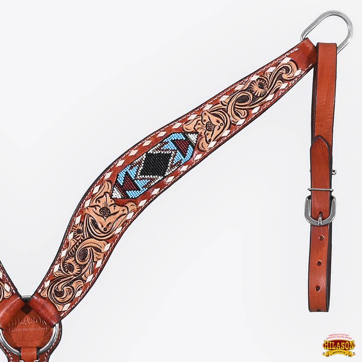 HILASON - Wholesale Horseback Riding Gear - Hilason Horse Floral Hand Carved American Leather Breast Collar Headstall W/ Beaded Work Brown5