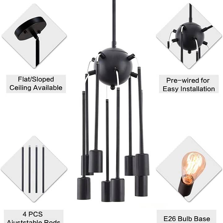 Black Sputnik Chandeliers, 8 Lights Sputnik Light Fixtures Ceiling Hanging, Mid Century Modern Pendant Lighting for Kitchen Island Living Room Bedroom Dining Room Light Fixture for wholesale on Faire