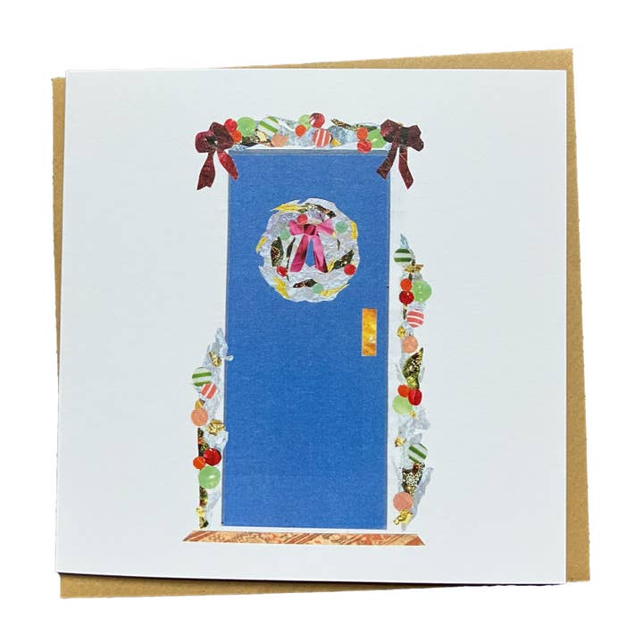 Festive Door Christmas Card (Blue) for wholesale by Soodle Street Studio