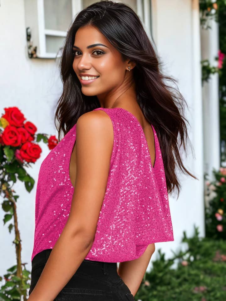 Anna Kaci Wholesale – wholesale Bodysuit – Women’s – Cowl Back V-Neck Sleeveless Sequin Bodysuit25