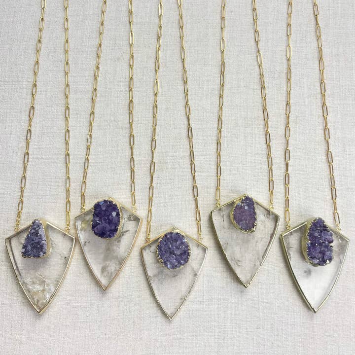 Clear Quartz Druzy Amethyst Shield Statement Necklace for wholesale by Ewelina Pas Jewelry