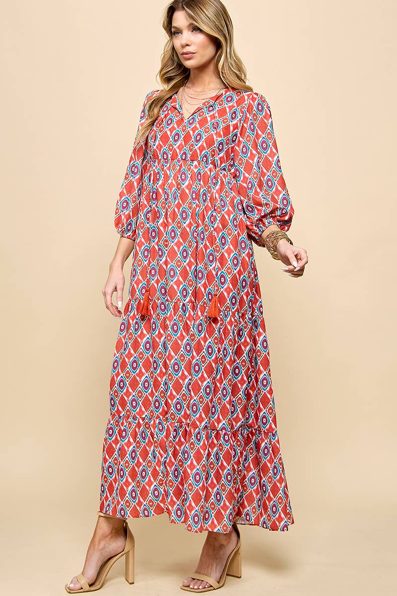 Cezele - Wholesale Dress - Women's - 3/4 Lantern Sleeve Print Boho Maxi Dress11