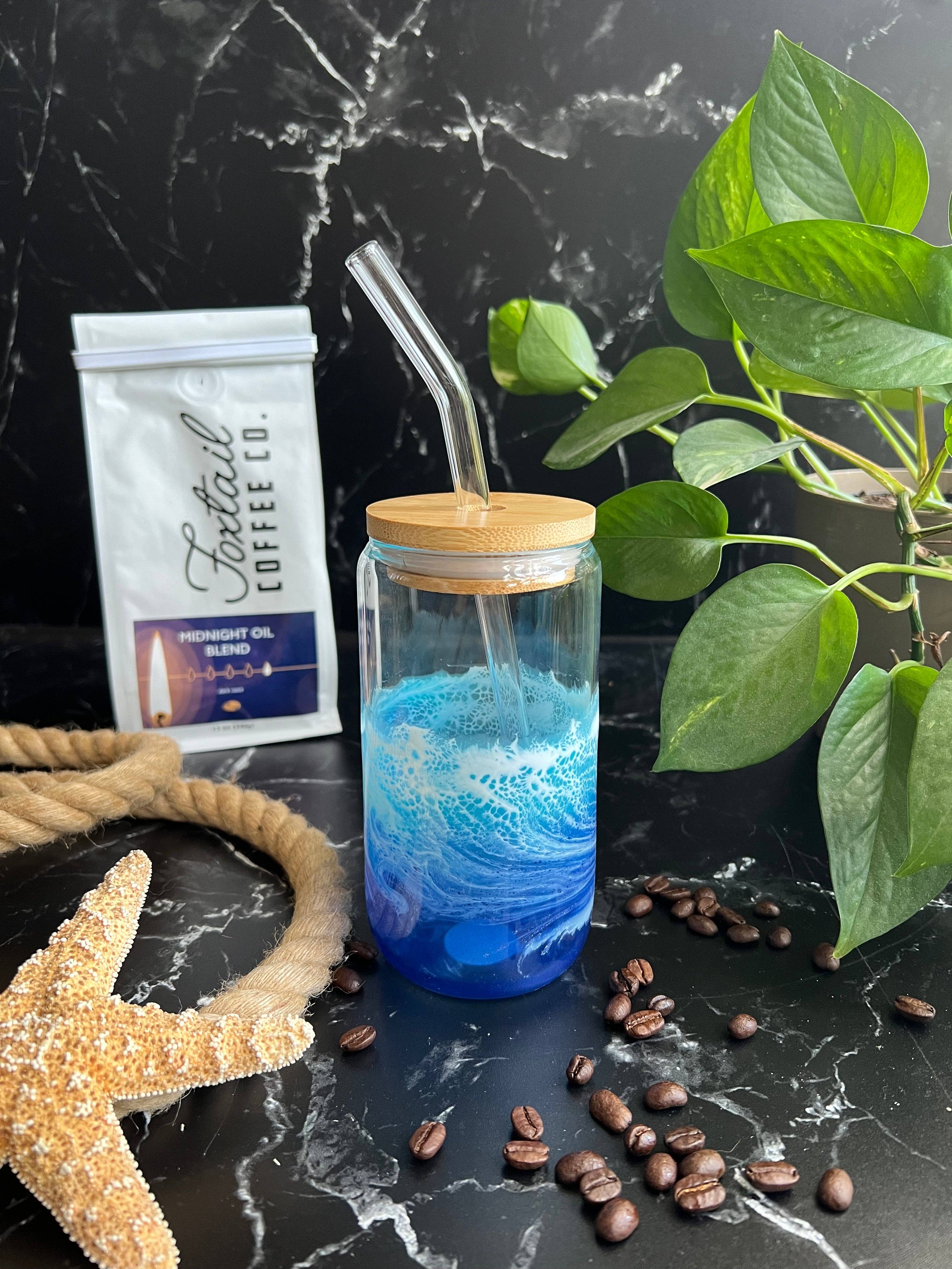 Citrus Waves Art - Wholesale Drinking Glass/Cup - Iced Coffee Glass with glass straw (16oz)2