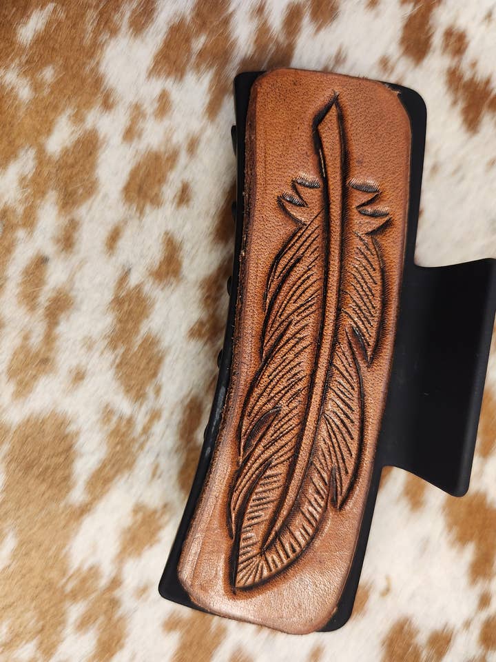 Hand Tooled Feather Claw Clip for wholesale by Varnish Bay Leatherwork