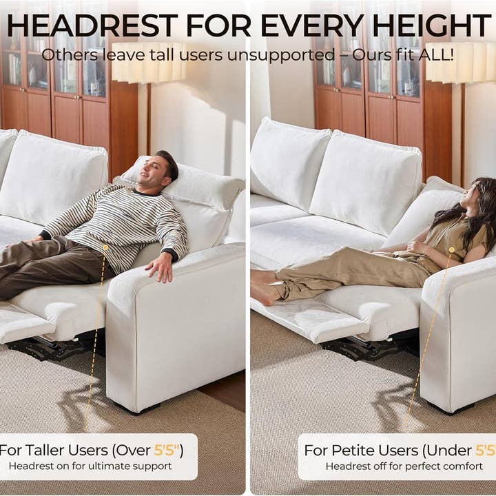 102.8 Inch White Chenille Power Recliner Sofa With Headrest Storage USB Table Wall Hugger for wholesale on Faire4