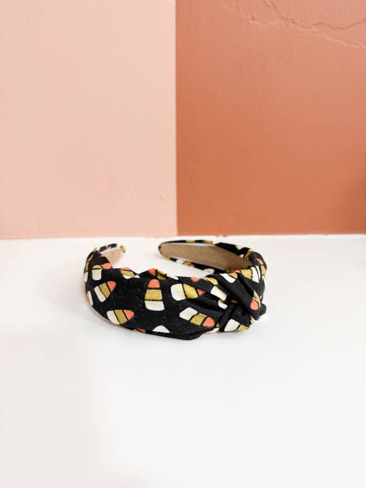 Candy Corn Halloween Top Knot Headband for wholesale by Little Sunshines Bow & Co