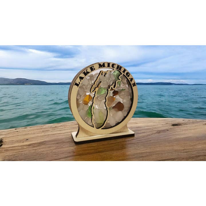 Lake Michigan Shadowbox-Display, rund, aus Seeglas, 4 Ausführungen für den Großhandel von Sea Glass Displays