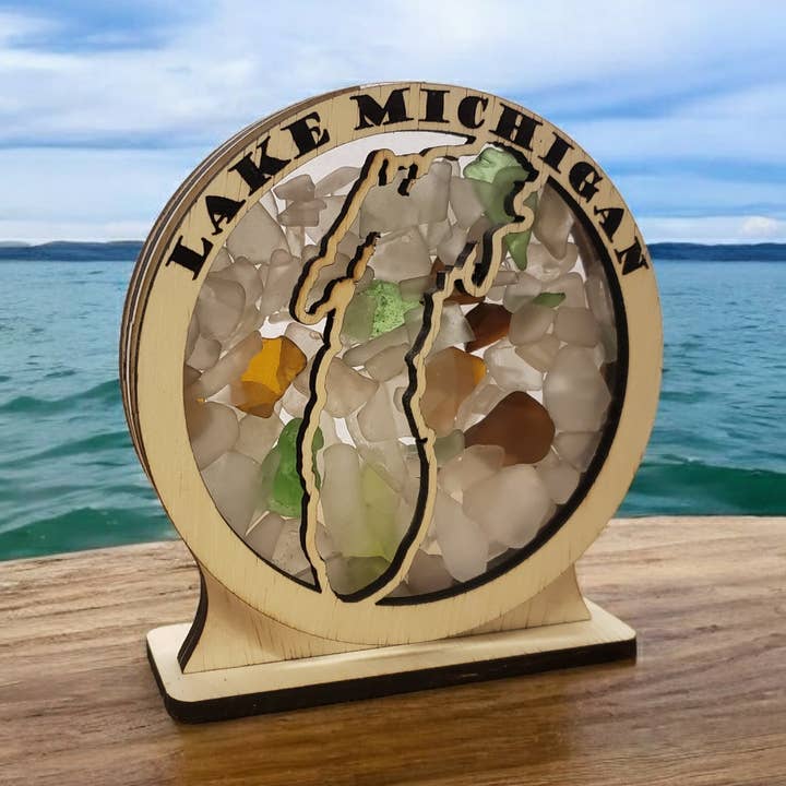 Lake Michigan Round Sea Glass Shadowbox-skærm 4 stilarter for engroshandel hos Sea Glass Displays