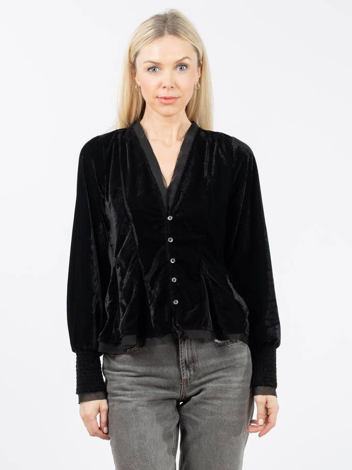 BLACK TAMIA FLOWY VELVET BLOUSE for wholesale by Tolani