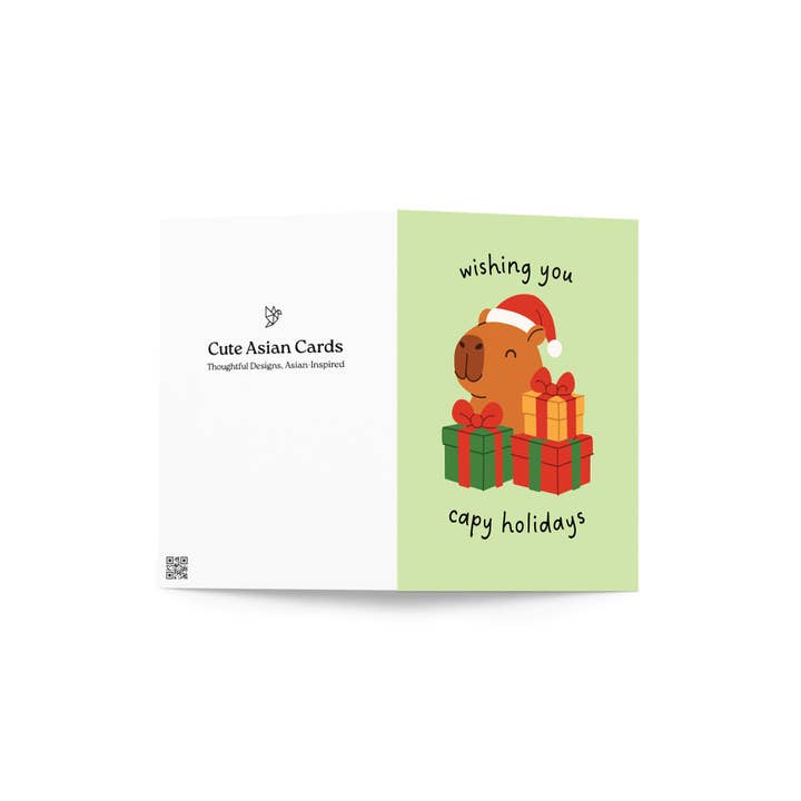 Cute Asian Cards - Wholesale Christmas Card - Capybara with Gifts | Cute Happy Holiday Pun Green Greeting Card3