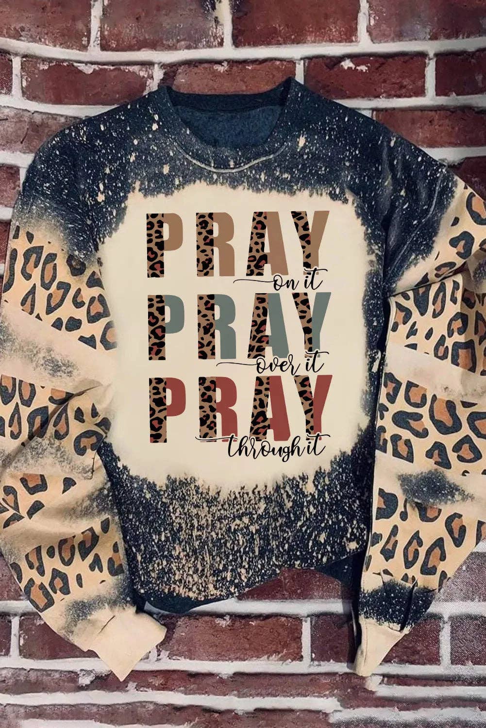 Black PRAY Letter Leopard Bleached Color Block Sweatshirt for wholesale on Faire0