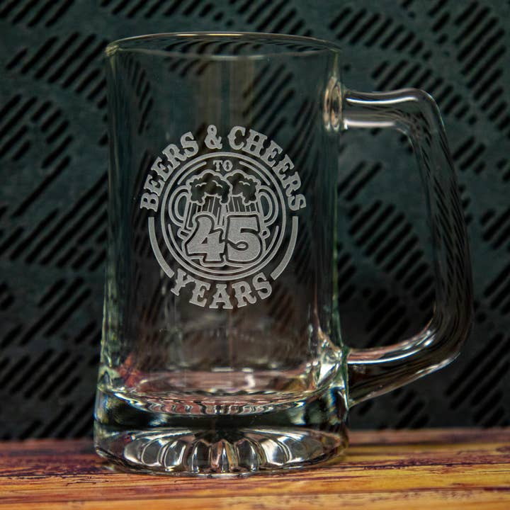 Beers & Cheers to 45 Years Etched Drinkware for wholesale by Gifts of Glass & Wear