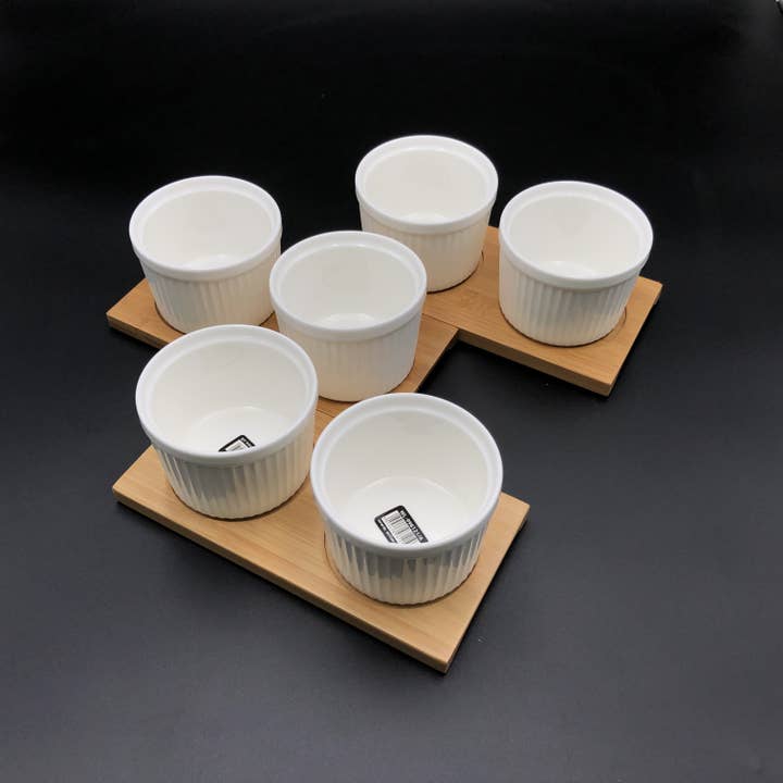 A Set of 3 Bamboo Double Trays With 6 Fine Porcealin Ramekin for wholesale by WILMAX USA